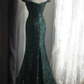 Dark green off-the-shoulder sequined fitted long ball gown R6809