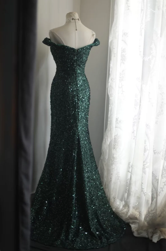 Dark green off-the-shoulder sequined fitted long ball gown R6809