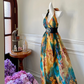 Yellow and blue color-blocked halter neck fitted waist long ball gown R6889