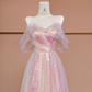 Light pink off-the-shoulder sequined fitted long ball gown, bridal dress R8425