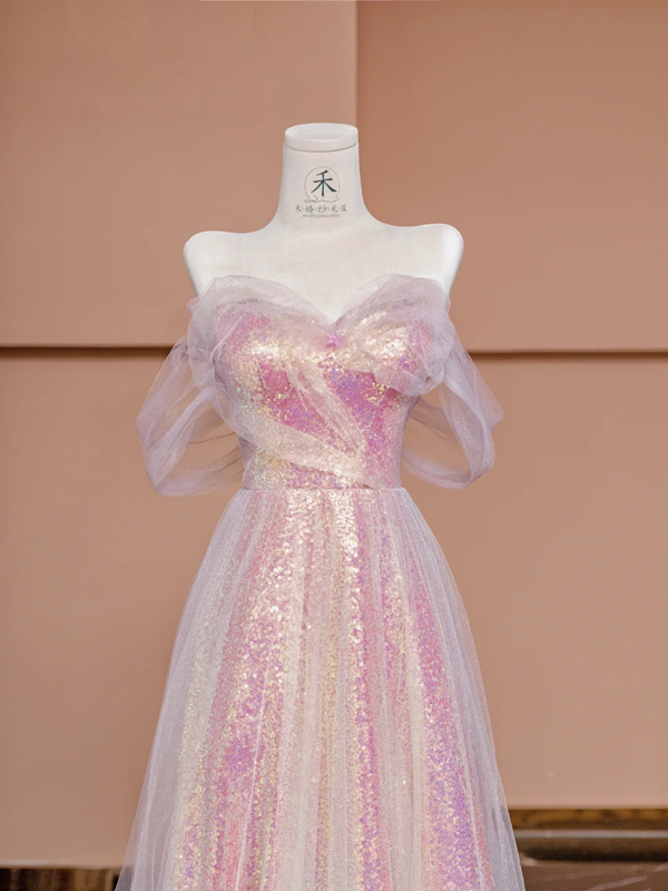 Light pink off-the-shoulder sequined fitted long ball gown, bridal dress R8425