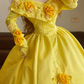 Yellow V-neck Long-sleeve Waist-Cinched Puff-Skirt Ball Gown & Bridal Gown R7371