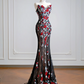 Black 3D floral long ball gown with a fitted waist and hips R8143