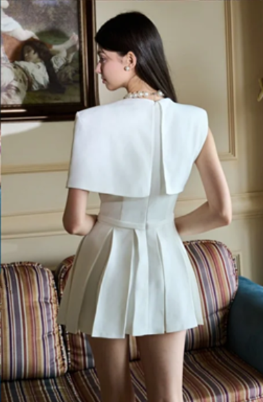 White shawl, waist-cinching, pleated short skirt, homecoming dress R4510