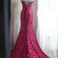 Rose pink sequined halter top, fitted waist, bodycon long ball gown R6769