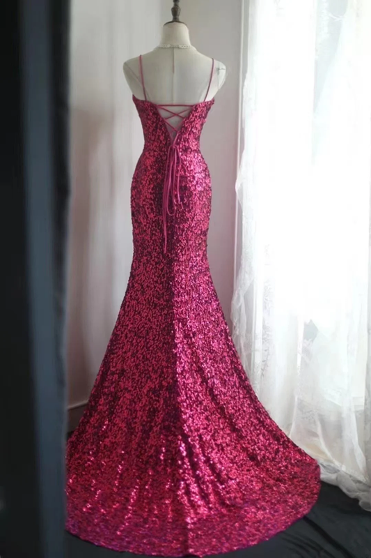 Rose pink sequined halter top, fitted waist, bodycon long ball gown R6769