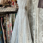 Grey satin printed sleeveless fitted A-line long dress, ball gown R6290