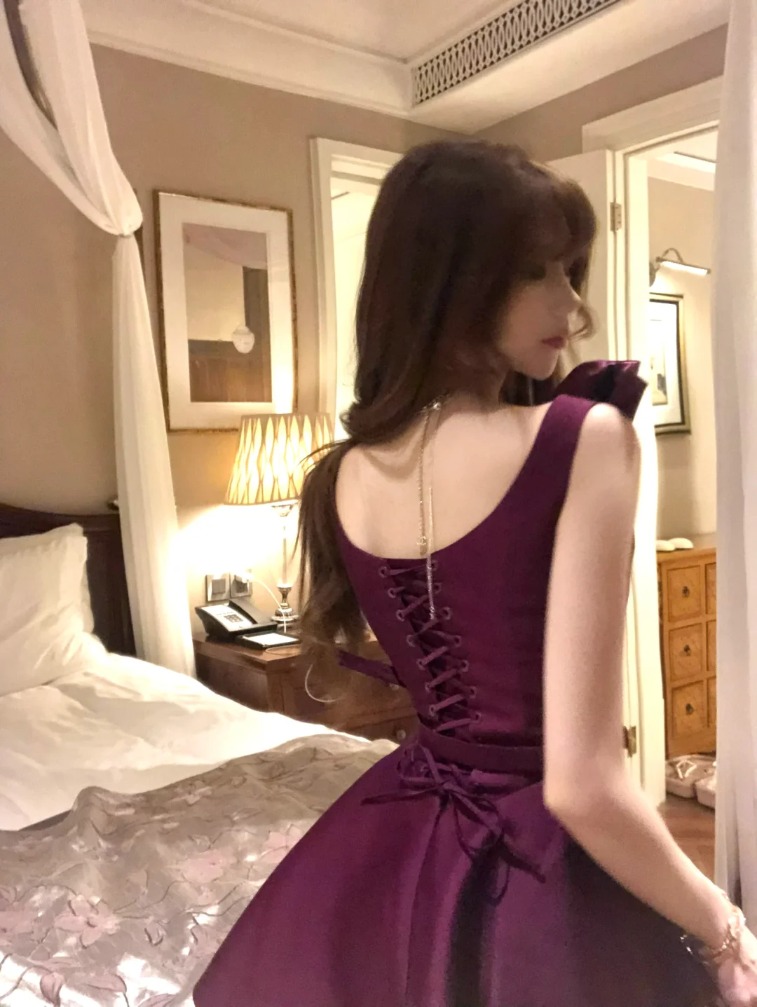 Dark purple bow strap waist slim fit long skirt homecoming dress R4228