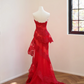 Red strapless, fitted waist, lace skirt design, long, sexy ball gown, bridal dress R8513