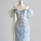 Light blue off-the-shoulder fitted waist bodycon sexy long ball gown R8195