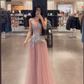 Light pink strapless waist-cinching slim-fit slit long prom dress R7916