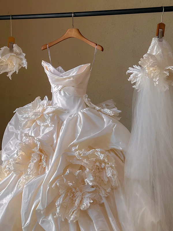 Champagne color suspender waist slim fit puffy skirt bridal dress R5697