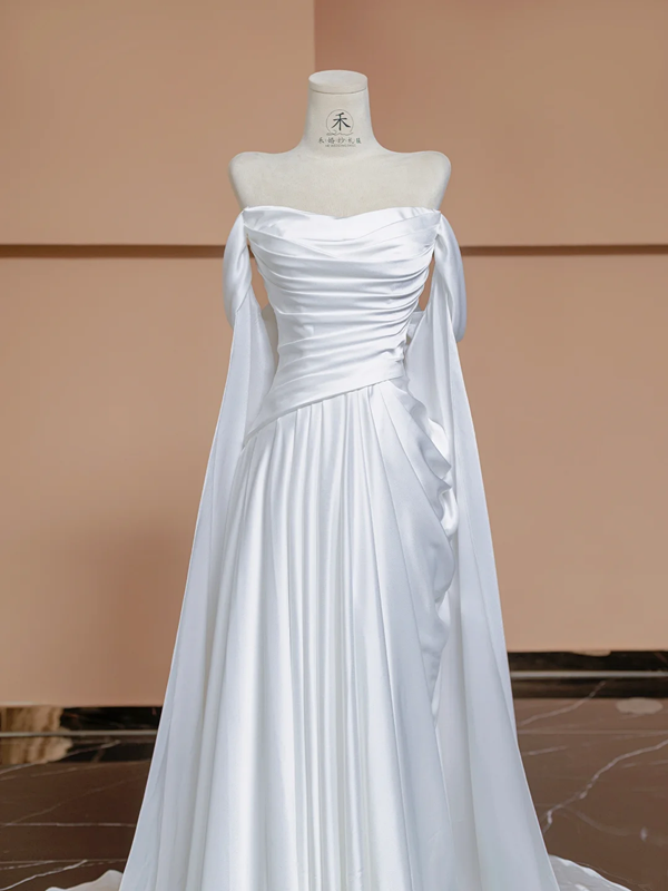 White satin off-the-shoulder fitted long elegant ball gown/bridal dress R8338