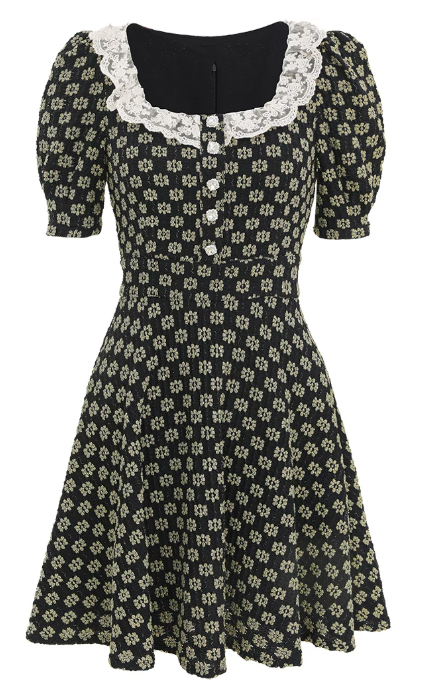Black Floral Print Mini Dress Women With Lace Trim And Puff Sleeves R9461