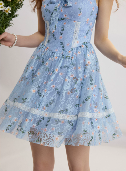 Blue Floral Lace Cami Dress Women With Bow Detail And Flared Skirt R9451