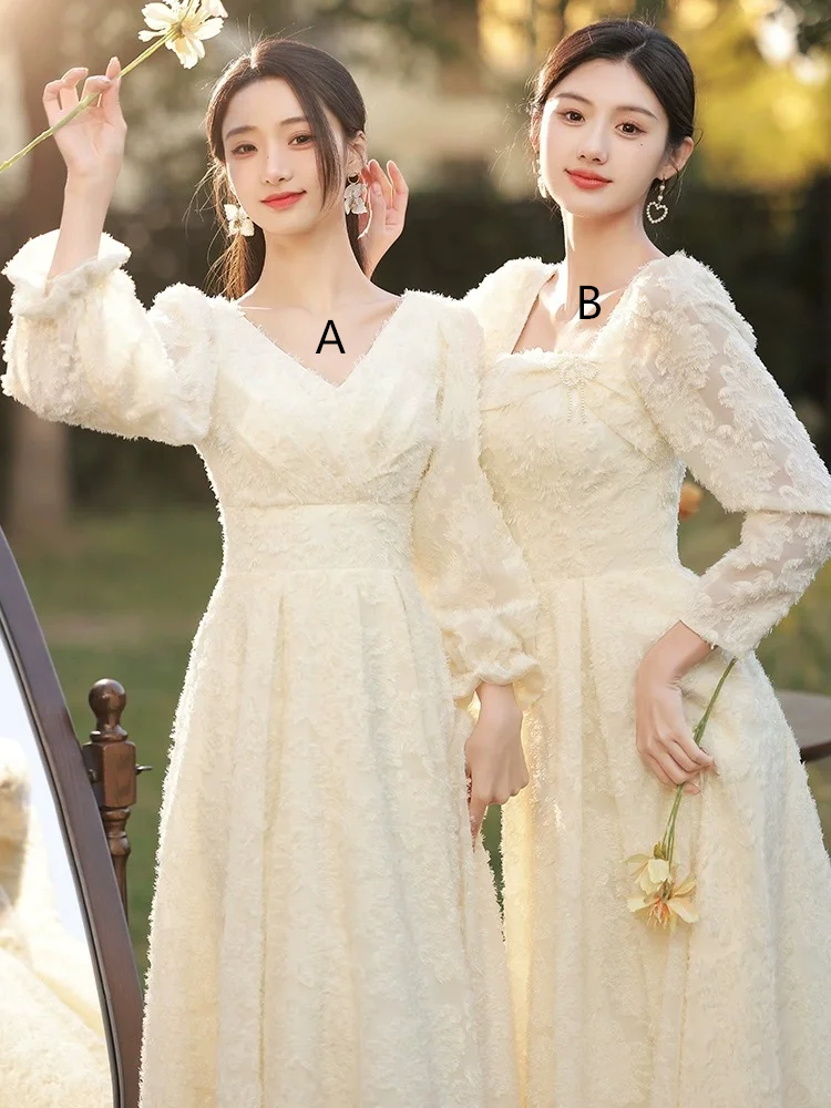 Apricot long-sleeved lace waist slim-fit sister ball gown, bridesmaid dress R5971