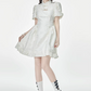 White Qipao Style Mini Dress with Mandarin Collar, Puff Short Sleeves and Ruffle Hem R9273