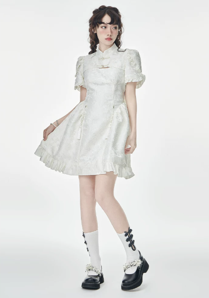 White Qipao Style Mini Dress with Mandarin Collar, Puff Short Sleeves and Ruffle Hem R9273