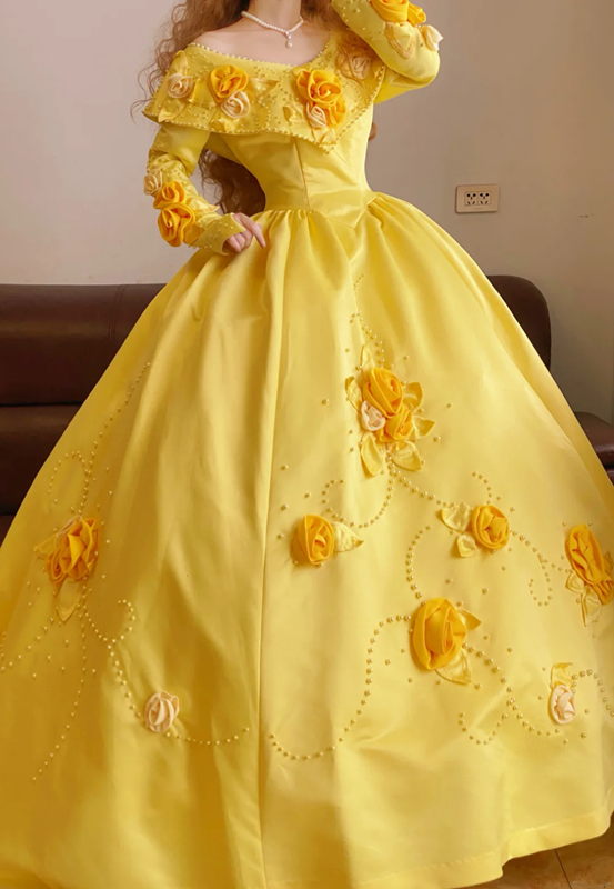 Yellow V-neck Long-sleeve Waist-Cinched Puff-Skirt Ball Gown & Bridal Gown R7371