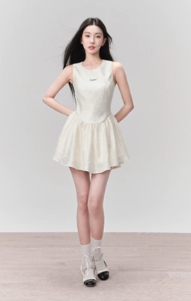 Cream White Sleeveless Jacquard Mini Dress Women With Corset Style Bodice R9450