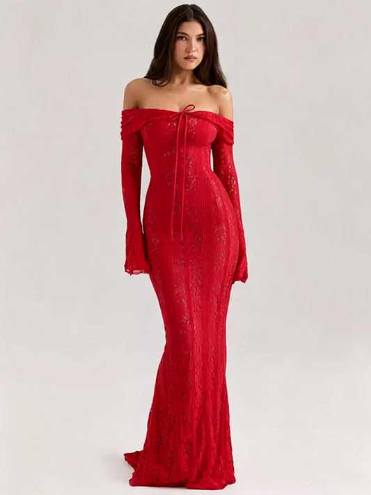 Red Lace Off-Shoulder Maxi Dress with Long Flare Sleeves R9135