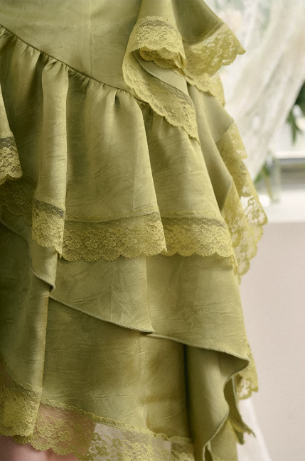 Olive Green Asymmetric Lace Cami Dress with Tiered Ruffle Skirt and Corset Back R9264