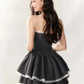 Black Halter Corset Tiered Mini Dress with White Lace Trim and Sparkle Details R9229