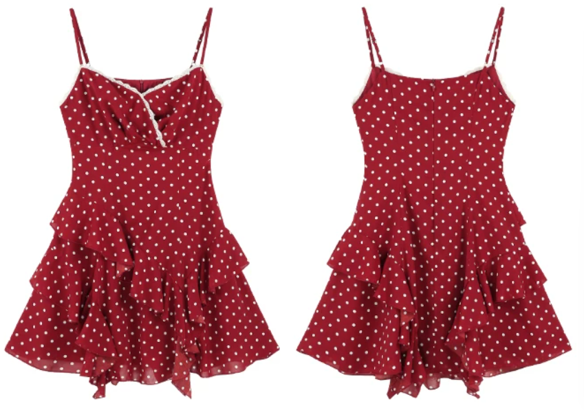 Retro Red Polka Dot Tiered Mini Dress, Women's Cami Strap with Lace Trim Chiffon Dress R9331