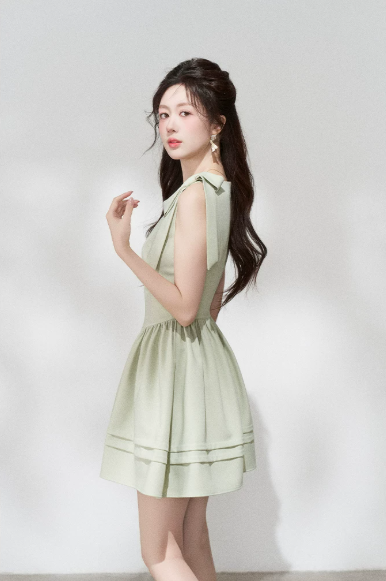 Mint Green A-Line Dress, Women's Sleeveless with Cutout Neck and Bow Shoulder Mini Dress R9339
