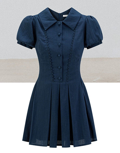 Navy Blue Puff Sleeve Dress with Peter Pan Collar and Elastic Waist R9175