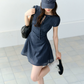 Navy Blue Keyhole Neck Short Sleeve Mini Dress Women With Bow Tie Detail R9393