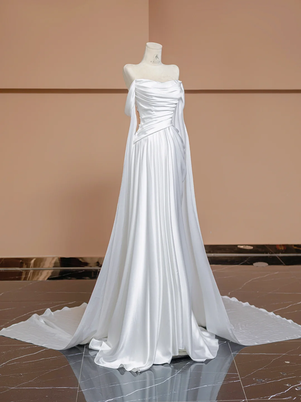 White satin off-the-shoulder fitted long elegant ball gown/bridal dress R8338
