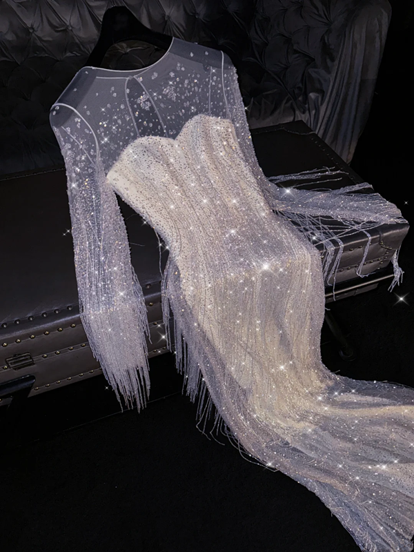 Silver sequined round neck long-sleeved white inner layer fitted waist long ball gown, bridal dress R8796