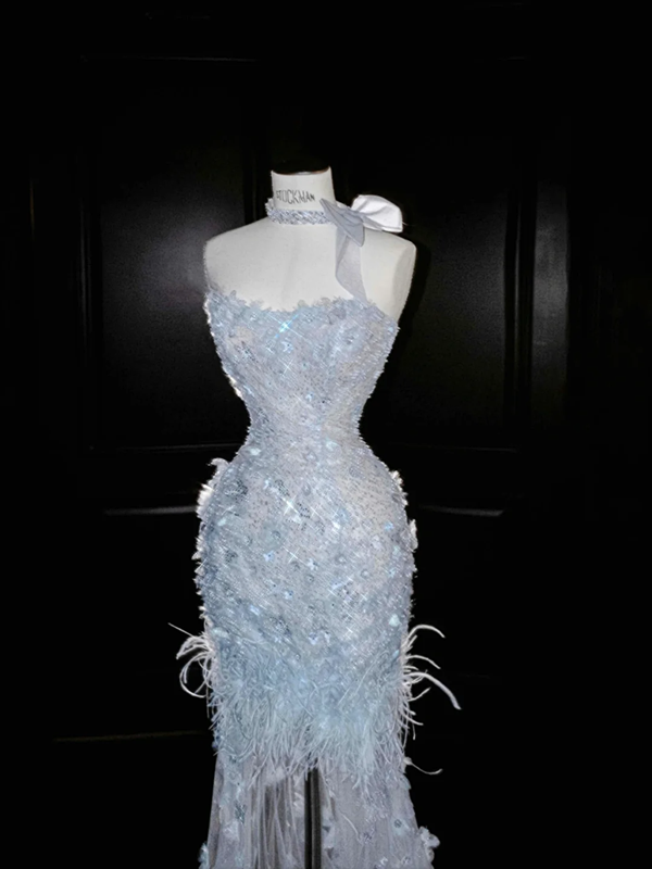 Light blue tube top slim waist fairy sexy long skirt, prom dress R5655