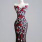 Black 3D floral long ball gown with a fitted waist and hips R8143