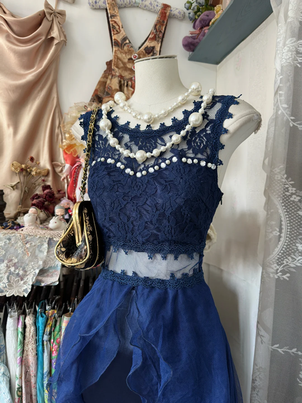 Blue sleeveless lace slim waist irregular skirt short ball gown R6211