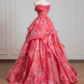 Pink floral strapless cinched waist ball gown with a full skirt R8230