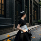 Black round neck fitted A-line long ball gown R8022
