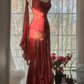 Red halter-neck fitted bodycon long ball gown R7685