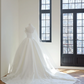 White satin strapless cinched waist ball gown with a full skirt, long ball gown/bridal dress R8481