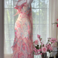 Pink floral print halter-neck fitted bodycon long ball gown R6530