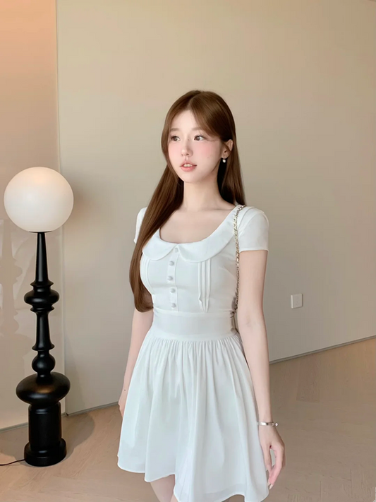 White baby doll collar slim waist A-line cute short skirt R5033