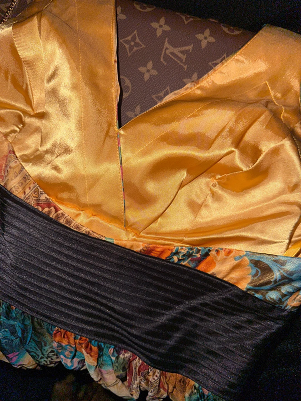 Yellow and blue color-blocked halter neck fitted waist long ball gown R6889