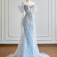 Light blue off-the-shoulder fitted waist bodycon sexy long ball gown R8195