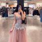Light pink strapless waist-cinching slim-fit slit long prom dress R7916