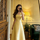 Light champagne-colored fitted A-line long ball gown R8572