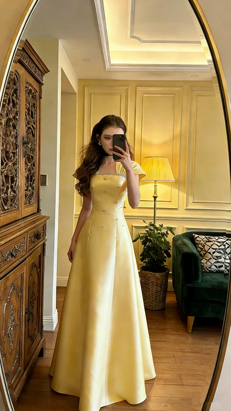 Light champagne-colored fitted A-line long ball gown R8572