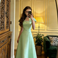 Light champagne-colored fitted A-line long ball gown R8572