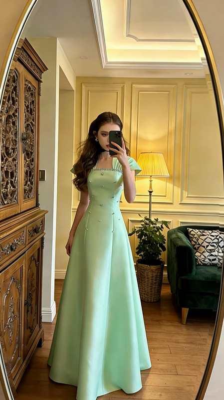 Light champagne-colored fitted A-line long ball gown R8572