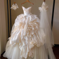 Champagne color suspender waist slim fit puffy skirt bridal dress R5697